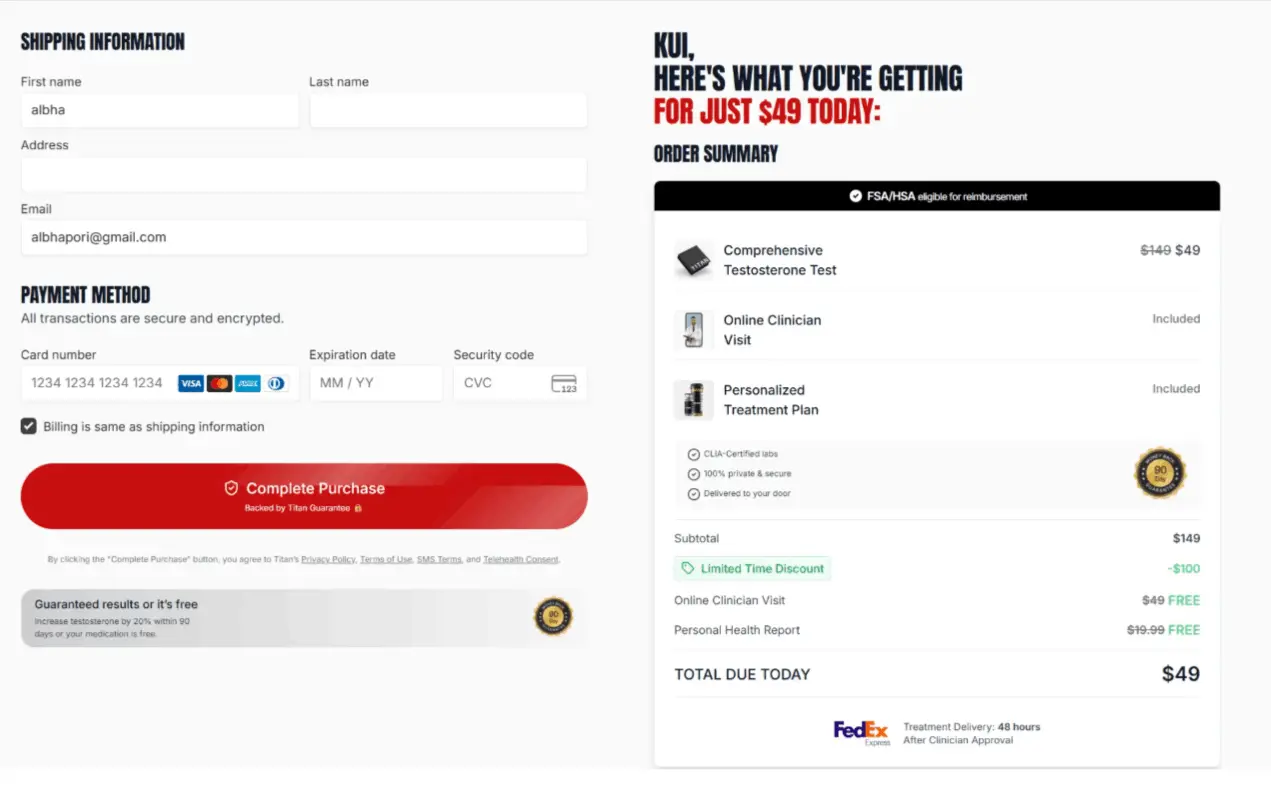 Testosterone replacement Therapy (TRT) Secure Checkout Page